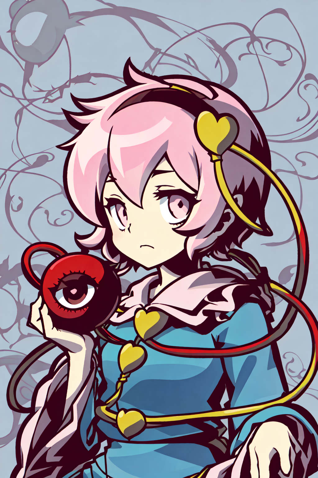 01314-3084703615-komeiji satori,pink hair,pink eyes,short hair,hairband, frilled shirt collar,blue shirt,pink skirt,long sleeves, wide sleeves, s.png